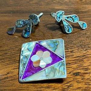 60s Alpaca/Abalone Shell Inlay Square Brooch and Earrings Mexico Vintage